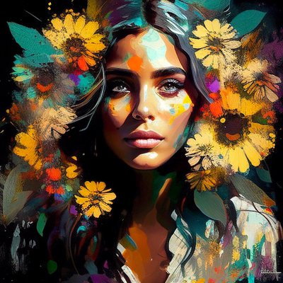 自然の美しさ、ひまわりに囲まれたメキシコの少女、壁掛けアートプリント 作： F. Abderrahim