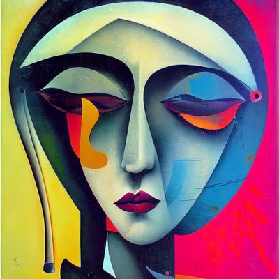 抽象的な具象絵画に描かれた悲しい女性の顔, 壁掛けアート｜キャンバスプリント 作： F. Abderrahim