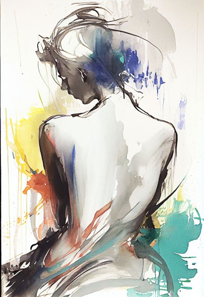 背中を向けて座っている女性を描いた水彩画。 作： F. Abderrahim