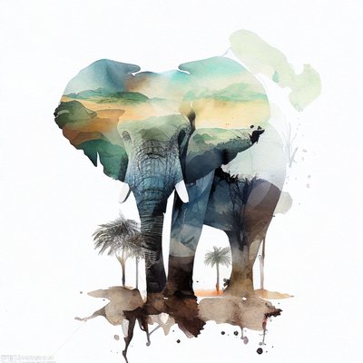 水彩象とアフリカのサバンナの絵画、壁 アートプリント 作： F. Abderrahim