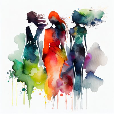 水彩画のファッションの女の子の絵、青い霧と白い背景、壁のアートプリント 作： F. Abderrahim