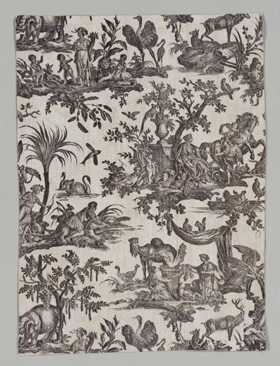 「Les quatresparty du monde」のデザインが施された銅版画の綿の断片 作： firm of Christophe Philippe Oberkampf
