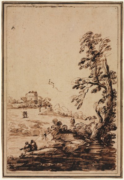 建物の小さなグループのある風景 作： imitator of Guercino