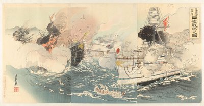De Japanse marine verwoest Chinese slagschepen nabij Dagushan Nisshin sensô Daikosan oki Shinkan gekichin no zu 作： Ôkura Kôtô
