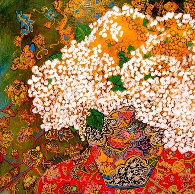 中国の花瓶の花, 2016 （ミックス、アクリル、インク、油彩） 作： リンダ・アーサー