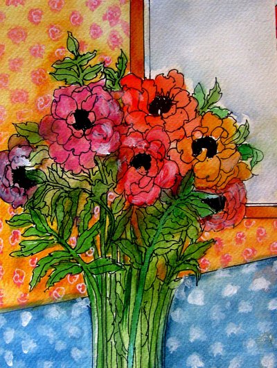 花瓶の花、2014年（水彩、インク） 作： リンダ・アーサー