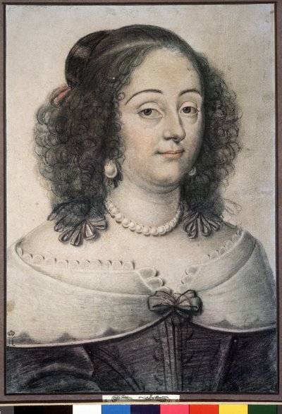 ""Portrait Of A Woman"" これはおそらくイングランド女王 Henriette Marie (1609-1669) です。 Daniel Dumoustier (または Dumonstier) (1574-1646) によるチョーク画 1640 プーシキン美術館、モスクワ 作： or Dumoustier Daniel Dumonstier