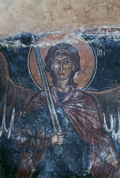 剣を持つ天使（ギリシャ・クレタ島コミタデス、ビザンチン様式の聖ゲオルギオス教会のフレスコ画）（写真 作： Theodore Charles Ange Coquelin
