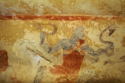 蛇を連れた青鬼、フレスコ画、イタリア・ラツィオ州タルキニアのネクロポリス「青鬼の墓」（2004年、ユネスコ世界遺産登録）。エトルリア文明、紀元前5世紀（写真 作： Theodore Charles Ange Coquelin