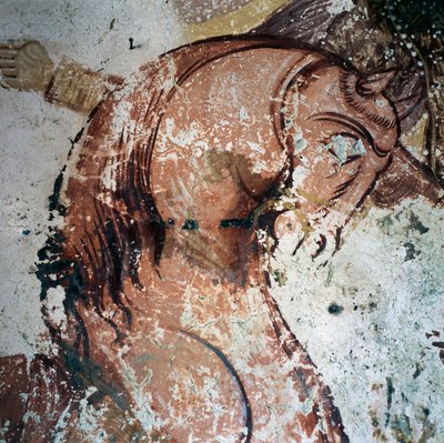 ギリシャ、クレタ島、ムリニエスのビザンチン様式教会のフレスコ画「馬」（写真 作： Theodore Charles Ange Coquelin
