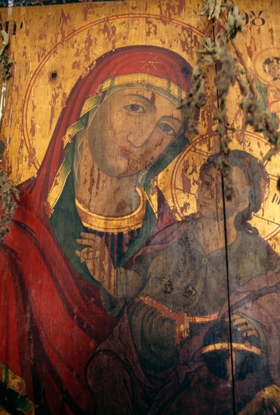 ギリシャ・クレタ島カヴーシのアギオス・アントニオス教会の木に描かれた「子供を連れた聖母」（写真 作： Theodore Charles Ange Coquelin