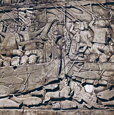 チャム族とクメール族の海戦、バイヨン寺院（13世紀）、アンコール・トム、アンコール遺跡（ユネスコ世界遺産）の浅浮彫りのディテール 作： Theodore Charles Ange Coquelin