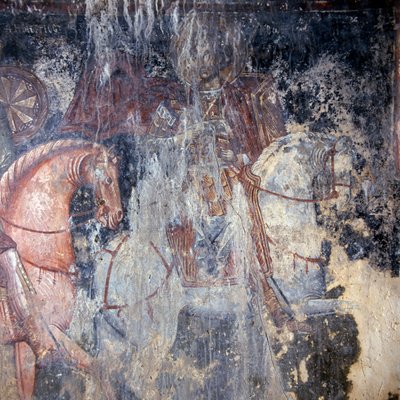 ギリシャ、クレタ島パライア・ルーマタ教会のフレスコ画「馬上の聖人」（写真 作： Theodore Charles Ange Coquelin