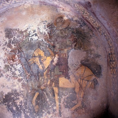 ギリシャ・クレタ島プロドロミ教会のフレスコ画「馬上の聖人」（写真 作： Theodore Charles Ange Coquelin