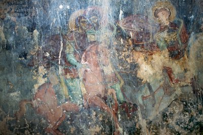 ギリシャ・クレタ島ケファリのビザンチン様式アギオス・アタナシオス教会のフレスコ画「馬に乗った聖人たち」(写真) 作： Theodore Charles Ange Coquelin