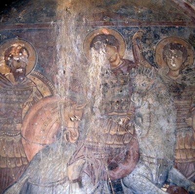 馬に乗った聖人たち（ギリシャ、クレタ島カンダノスの教会のフレスコ画）詳細（写真 作： Theodore Charles Ange Coquelin