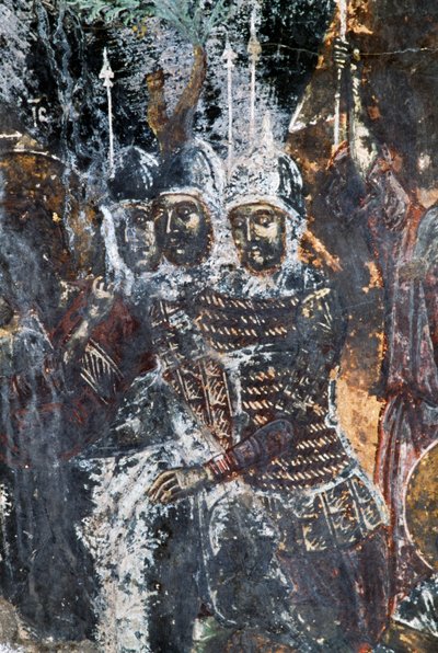 アギオス・ヴァシレイオス教会（ギリシャ・クレタ島）の天井に描かれたフレスコ画の破損した兵士（写真 作： Theodore Charles Ange Coquelin