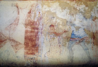 女性と若者、フレスコ画、タルクィニアのネクロポリス「青鬼の墓」（2004年ユネスコ世界遺産登録）、イタリア、ラツィオ州、エトルリア文明、紀元前5世紀（写真 作： Theodore Charles Ange Coquelin