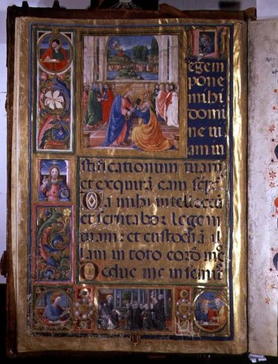 Ms 542 f.3v フィレンツェのバディア・フィオレンティーナ教会のドン・アッピアーノが書いた詩篇から、聖ペテロに鍵を渡すキリストを描いたページ。 作： or di Giovanni Monte del Fora