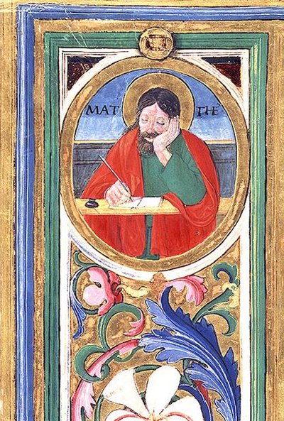 Ms 542 f.3v フィレンツェのバディア・フィオレンティーナ教会のドン・アッピアーノが書いた詩篇から最初の福音書を書く聖マタイ 作： or di Giovanni Monte del Fora