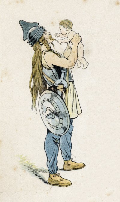 子供を連れたガリアの戦士。1896年の「G.モントルグイユが語るフランス、その物語、ジョブがイメージしたもの」より。個人蔵。 作： pseudonym for Onfray de Breville Jacques Job