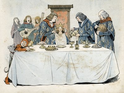 王冠をかぶった小さな女の子が、宴会のテーブルで玉座に座っています。大エソンが酒を注ぎ、大籠屋がパンを切り、大侍従がタオルを首に巻いている。トルバドゥールと小人が彼女をもてなす。フランスの経済危機のアレゴリー 作： pseudonym for Onfray de Breville Jacques Job
