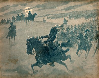 ナポレオン1世（1769-1821）の前を騎馬隊とともに通過するヨアヒム・ムラット（1767-1815）のアレゴリー。ジャック・マリー・ガストン・オンフレー・ド・ブレヴィル・ディット・ジョブ（1858-1931）によるエングレーヴィング。 作： pseudonym for Onfray de Breville Jacques Job