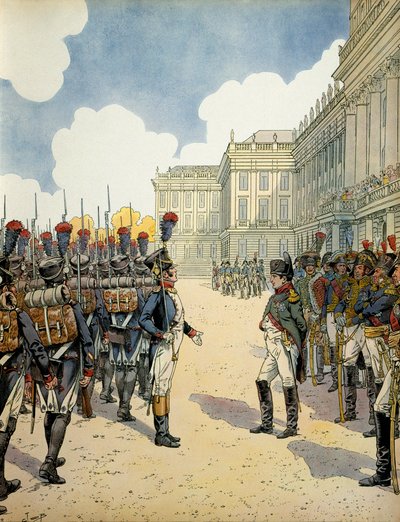 シェーブルンでは、7月5日と6日のワグラムの戦いを前に、ナポレオン1世ボナパルト（1769-1821）が軍を閲兵した。 作： pseudonym for Onfray de Breville Jacques Job