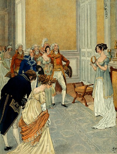 チュイルリー宮殿では、マレンゴの勝利（第一次イタリア遠征（1796-1797））を発表した領事のもとを離れた大臣、外交官、国務会議員たちが、ジョセフィーヌ・ド・ボーアルネ（1763-1814）を祝福するために訪れ、彼女は月桂樹の花輪を手にしていた。 作： pseudonym for Onfray de Breville Jacques Job