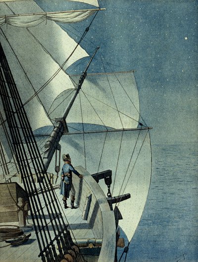 エジプト遠征（1798年〜1801年）：アレキサンドリアからフレガート船「ラ・ミューロン号」でエジプトに戻る、ナポレオン1世ボナパルト（1769年〜1821年）が一人で船橋で夜の地中海を眺める 作： pseudonym for Onfray de Breville Jacques Job