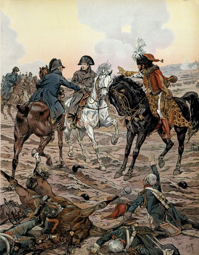 オーストリアのキャンペーン（1805年）。ウルムの戦い（1805年10月15日から17日の間）で、ルイ・アレクサンドル（Louis-Alexandre）・ベルティエ（1753-1815）とヨアヒム・ムラット（1767-1815）は、皇帝に自分の安全のために戦場から離れるように頼んだ - 『ナポレオン』では 作： pseudonym for Onfray de Breville Jacques Job
