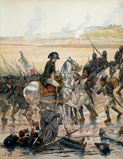 オーストリアのキャンペーン（1805年）。エルヒェンでは、戦場を訪れたナポレオン1世（1769-1821）が、エジプト軍の擲弾兵が仰向けになり、激しく降る雨に晒されながら、仲間に「フォーウ」と叫び続けているのを目撃する。 作： pseudonym for Onfray de Breville Jacques Job