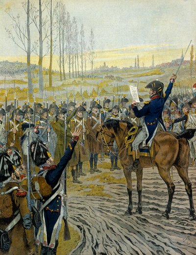 オーストリアのキャンペーン（1805年）。1805年12月2日のアウステルリッツの戦いの前に、皇帝ナポレオン1世ボナパルト（1769-1821）が軍に向けて発した宣言。ジョルジュ・モントルゲイユ著「ナポレオン」より。ジャック・マリー・ガストン・オンフレー・ド・ブレヴィル（JOB）による挿絵 作： pseudonym for Onfray de Breville Jacques Job