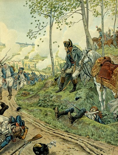 イタリアのキャンペーン（1799-1800年）。1800年6月14日、ピエモン（イタリア）で行われたマレンゴの戦いで、ナポレオン1世ボナパルト（1769-1821）がナポレオン軍とオーストリア軍に対抗している様子。Jacques Marie Gaston Onfray de Breville dit JOB (1858-1931)によるイラスト。プライベートC 作： pseudonym for Onfray de Breville Jacques Job