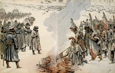 ロシアのキャンペーン（1812年）。ロシアの退却時、ナポレオン1世ボナパルト（1769-1821）は、敵に乗っ取られるのを防ぐために、旗や鷹を燃やすように命じた。ジョルジュ・モントルゲイユ著「ナポレオン」にて。ジャック・マリー・ガストン・オンフレーによるイラスト 作： pseudonym for Onfray de Breville Jacques Job