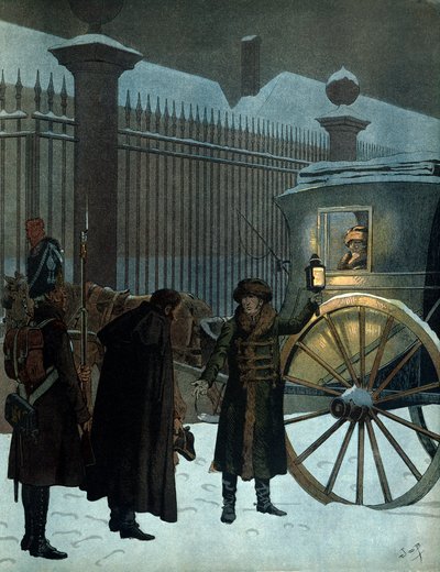ロシア攻略戦に勝利し、パリに帰還。ナポレオン1世ボナパルト（1769-1821）がセダンに乗ってチュイルリーに到着したのは、ロシア軍の撤退後の1812年12月18日夜11時のことだった。ジョルジュ・モントルゲイユの「ナポレオン」にて。イラスト：J 作： pseudonym for Onfray de Breville Jacques Job
