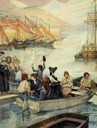 1778年12月15日、コルシカ島のアジャクシオを出発。シャルル・ボナパルト（1746-1785）は、息子のジョセフ・ボナパルト（1768-1844）とナポレオン1世・ボナパルト（1769-1821）、義理の兄弟であるジョセフ・フェッシュ（1763-1839）を連れてマルセイユに向けて出航し、ヴェルサイユに向かった。Il 作： pseudonym for Onfray de Breville Jacques Job