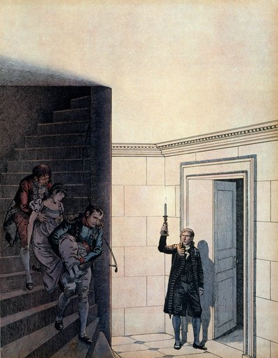 皇帝ナポレオン1世ボナパルト（1769-1821）と、1809年に離婚を発表した後の侍従長。皇帝ジョゼフィーヌ（1763-1814）は寝室で姿を消していた。ジョルジュ・モントルゲイユの「ナポレオン」にて。イラスト：ジャック・マリー・ガストン・オンフレー 作： pseudonym for Onfray de Breville Jacques Job