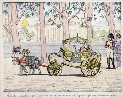 皇帝ナポレオン1世ボナパルト（1769-1821）と息子のナポレオン・フランソワ・シャルル・ジョセフ・ボナパルト王子（後にローマ王となる） ナポレオン2世（後にエグロンと呼ばれる） - イタリア王（ナポレオン2世）の最初の一歩を見守るナポレオン。 作： pseudonym for Onfray de Breville Jacques Job