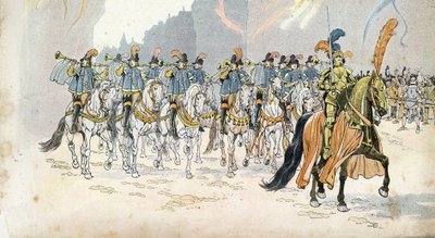 シャルル6世（1368-1422）のパリでの入場は、30のトランペットとともに行われる。個人蔵。 作： pseudonym for Onfray de Breville Jacques Job