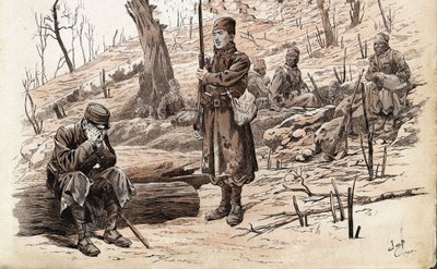 第一次世界大戦1914-1918年。フランス陸軍の歩兵兵士・セネガル人のティライユ。1915年「Les grands mots historiques du pays de France」という本に掲載されたジョブ（ジャック・マリー・ガストン・オンフレー・アンド・ブレヴィル）（Jacques-Marie）（1858-1931）のイラスト。プリ 作： pseudonym for Onfray de Breville Jacques Job