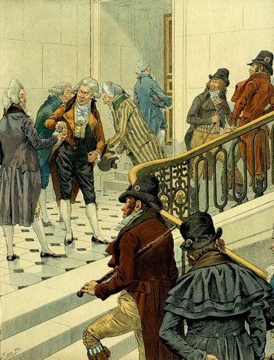 ナポレオン1世ボナパルト（1769-1821）の第一帝政：チュイルリー宮殿の階段で、帰還した移民とかつての革命家が出会う。ジャック・マリー・ガストン・オンフレー・ド・ブレヴィル（JOB）（1858-1931）によるイラスト。個人蔵 作： pseudonym for Onfray de Breville Jacques Job