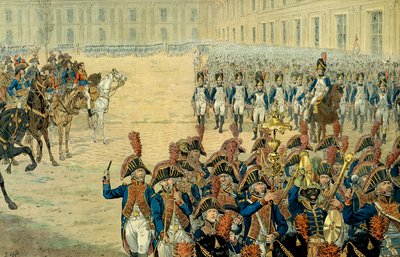 ナポレオン1世ボナパルト（1769-1821）によるチュイルリーの中庭での領事衛兵の初閲兵。1800年に憲法が採択されると、政府はペール＝リュクサンブールを離れてチュイルリーに居を構えました。彼が就任した日には、フィ 作： pseudonym for Onfray de Breville Jacques Job