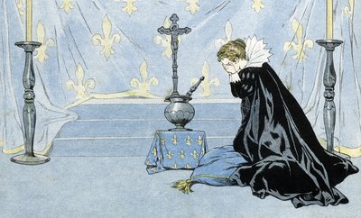 ヘンリー4世（1553-1610）の死を悼む、黒いマントを羽織った女性が描かれたフランス。「G.モントルグイユが語るフランス、ジョブが描く彼の物語」1896年。個人のコレクションです。 作： pseudonym for Onfray de Breville Jacques Job