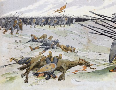 英仏戦争（1202年～1214年）：フィリップ・オーギュストのフランス軍とオトン4世のフランドル人とウェルフ人が戦った1214年7月27日のブヴィネスの戦いで死亡した兵士たち。 1896年の「France, its story told by G. Montorgueil, imagee by Job」で紹介されている。プライベートカンパニー 作： pseudonym for Onfray de Breville Jacques Job