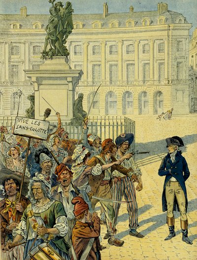 1789年のフランス革命。ナポレオン1世ボナパルト（1769-1821）は、1792年8月10日、倒される前のデジャルダンによるルイ14世（1638-1715）の像の近くで、パンティー（パンティーなし）の群衆に脅かされている（パリのヴィクトワール広場）。イラスト 作： pseudonym for Onfray de Breville Jacques Job