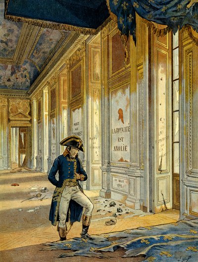 1789年のフランス革命。ナポレオン1世ボナパルト（1769-1821）がチュイルリー宮殿の玉座の間で、略奪した革命家たちが通過した後の様子。壁にはこう書かれている。"王国は廃止された"イラスト：ジャック・マリー・ガストン・オンフレー 作： pseudonym for Onfray de Breville Jacques Job