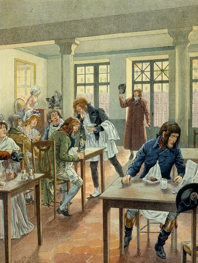 1789年のフランス革命。ナポレオン1世ボナパルト（1769-1821）は、パリのプチ・ペール通り（Petits-Peres）にあるガルゴティエ・ジュスタットで若い頃、ポーションの下に6人分を支払った一皿に還元されました。ジャック・マリー・ガストン・オンフレー・ドゥのイラスト 作： pseudonym for Onfray de Breville Jacques Job