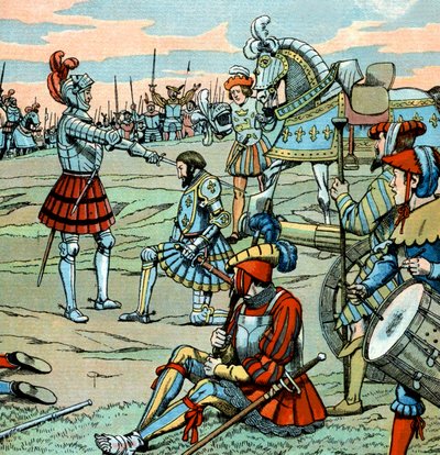 フランス国王フランソワ1世は、マリニャンの戦いの直後（14年9月）、バイヤールから騎士の称号を授かる。 作： pseudonym for Onfray de Breville Jacques Job