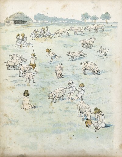 野原で豚と戯れるガリアの子供たち。1896年の「フランス、その物語はG.モントルグイユが語り、ジョブがイメージした」の中で。個人蔵。 作： pseudonym for Onfray de Breville Jacques Job